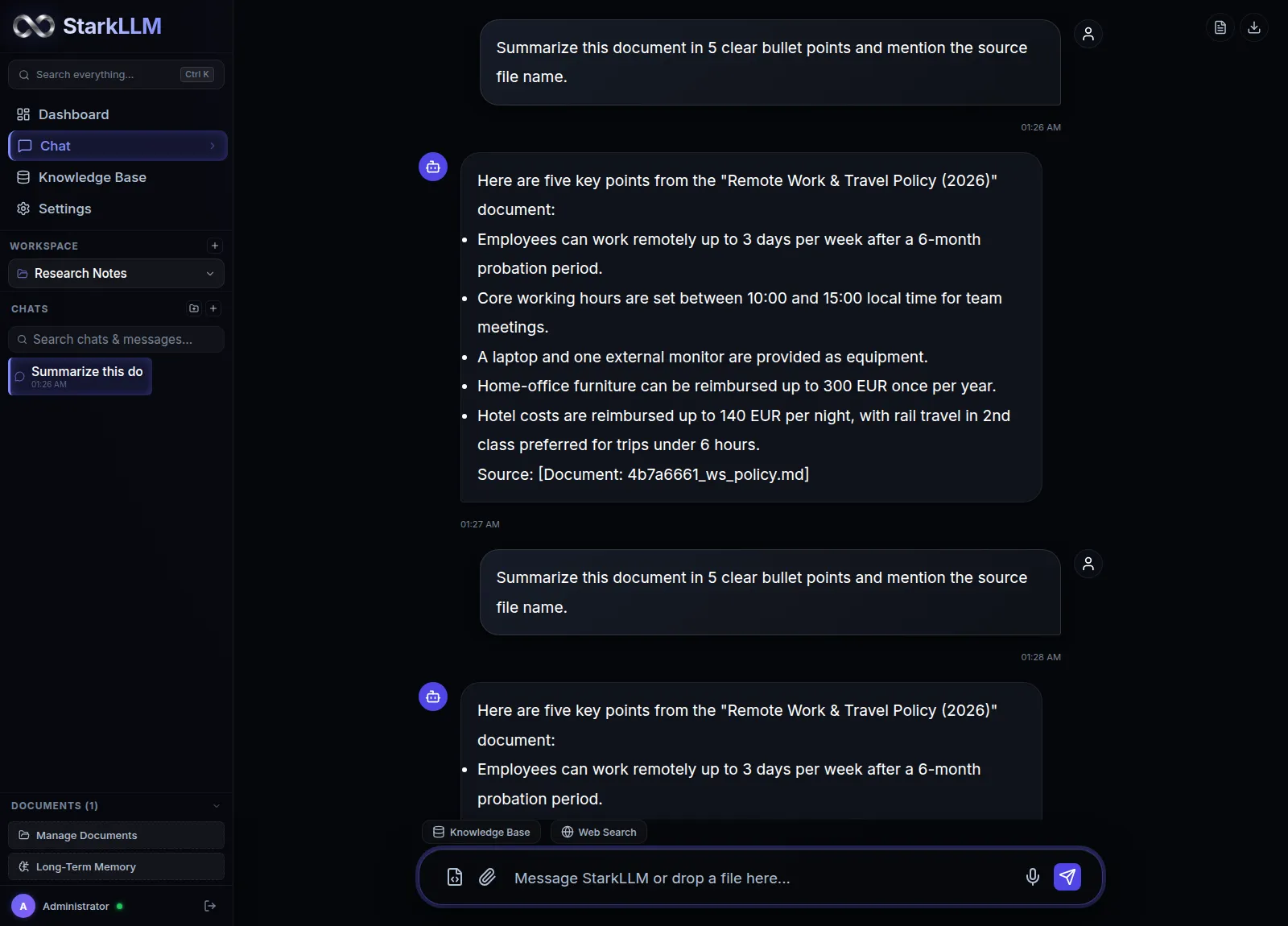 StarkLLM chat interface answering from a local document with citations