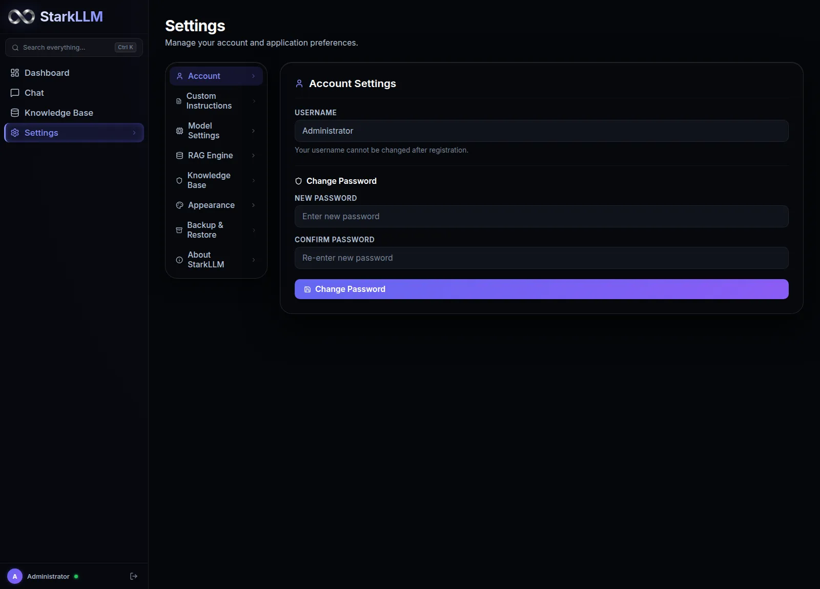 StarkLLM settings and theme gallery