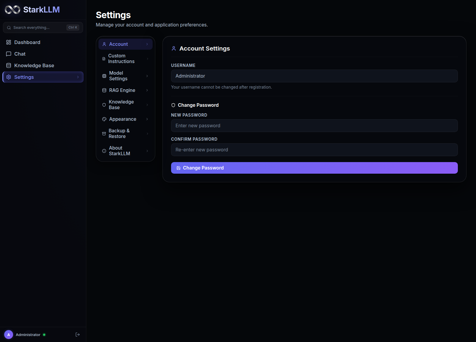 StarkLLM account settings